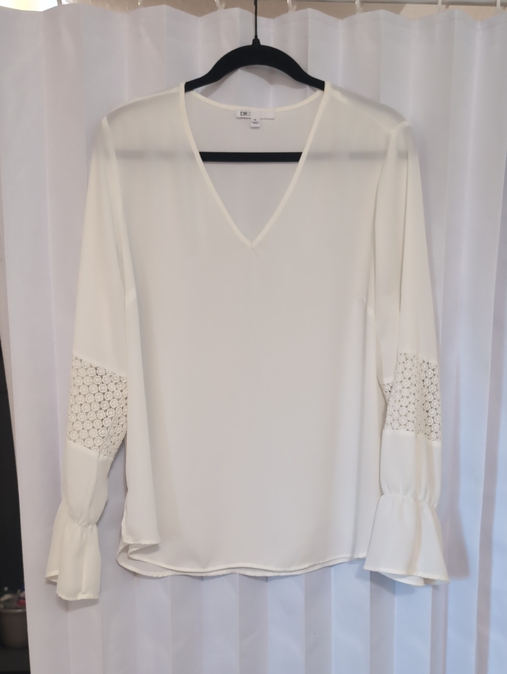 Off White V-Neck Blouse with Lace Sleeve Insets